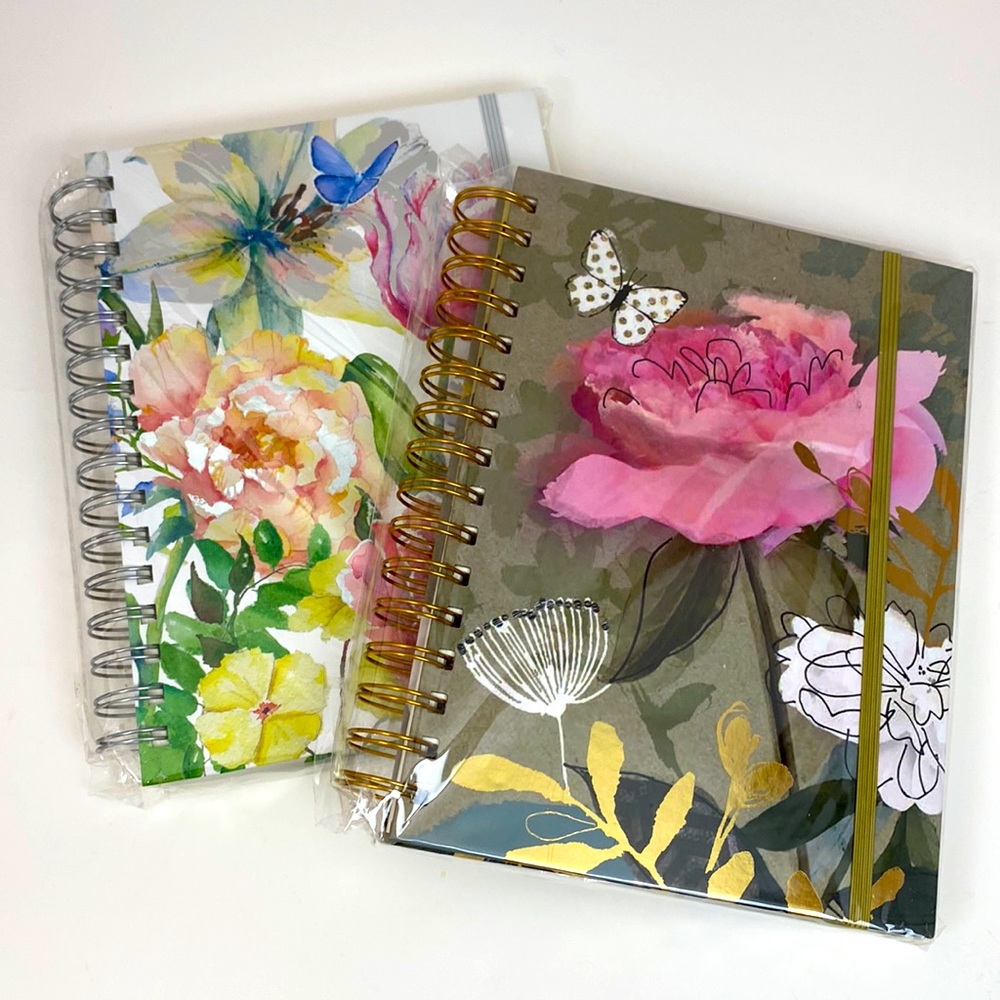 2 set sturdy spiral bound hard cover notebooks Floral print metallic accents NEW